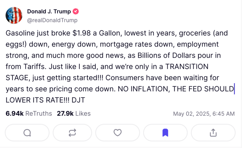 Donald Trump comparte datos falsos sobre precios de la gasolina y alimentos en Estados Unidos